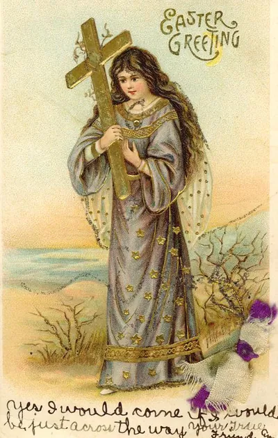 Easter Greeting postcard of a woman holding a gold cross