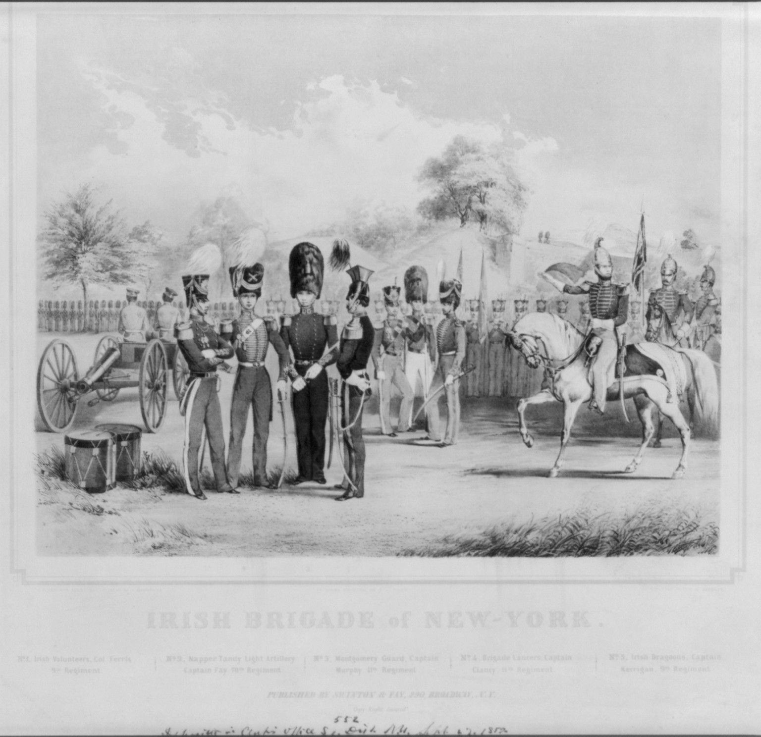 Irish Brigade of New York / [...] F. D'Avignon, 323 Br[...]Way ; on stone by Hatch & Severin., N.Y. : Published by Swinton & Fay, 290, Broadway, c1852 Sept. 27 ( Printed by A. Champagne) — antique lithograph