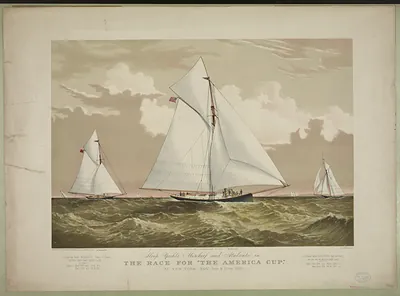 Sloop yachts Mischief and Atalanta in the race for "The America Cup"