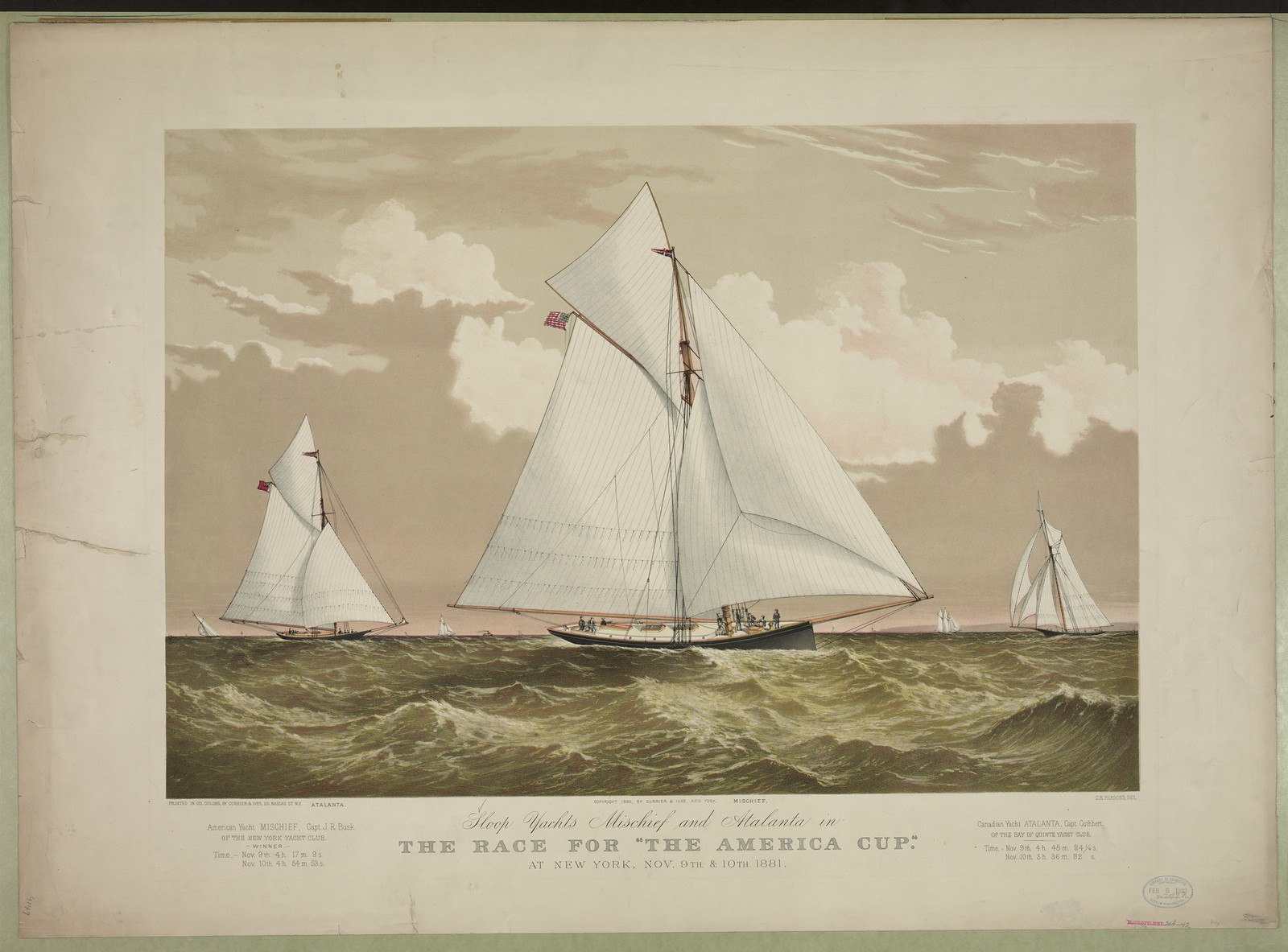 Sloop yachts Mischief and Atalanta in the race for "The America Cup", New York : Published by Currier & Ives, c1882. — historic image