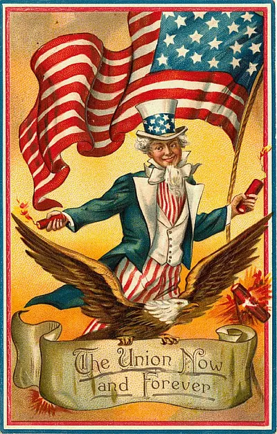 Uncle Sam on eagle with flag, "The Union Now and Forever
