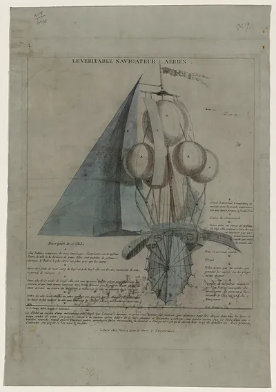 Le Veritable Navigateur Aerien, engraved balloon-ship print