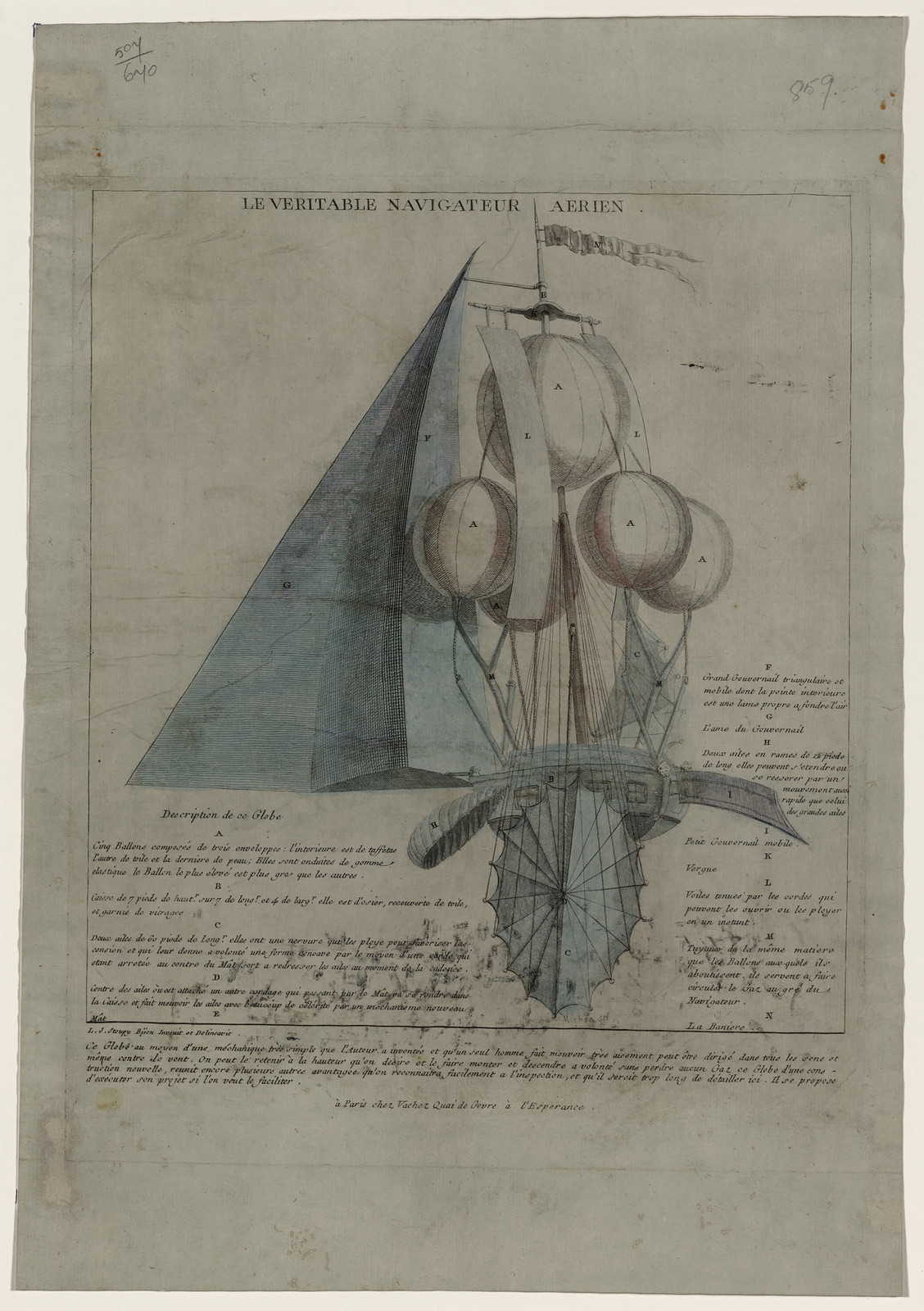 Le Veritable Navigateur Aerien, engraved balloon-ship print — historic print