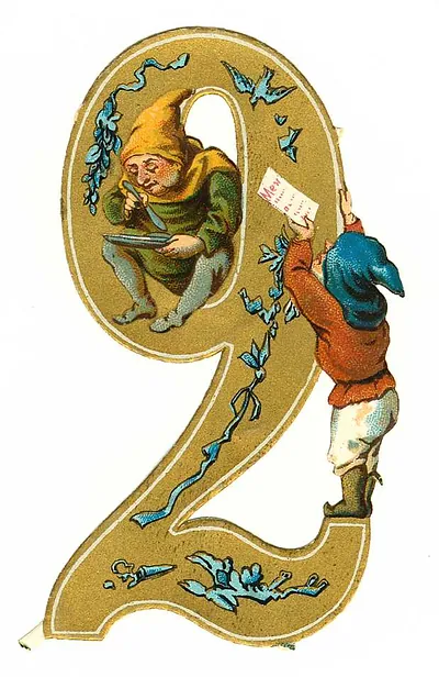 Decorative die-cut numeral with gnomes and a letter