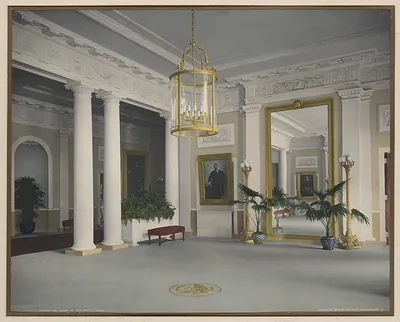 Hand-colored interior hall of the White House with columns