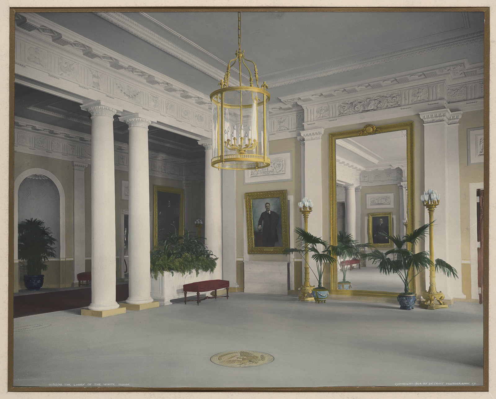 Hand-colored interior hall of the White House with columns — historic image