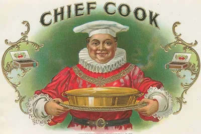 Chief Cook cigar label with chef holding a pan