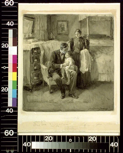Father holding a toddler in a bedroom, mother standing nearby