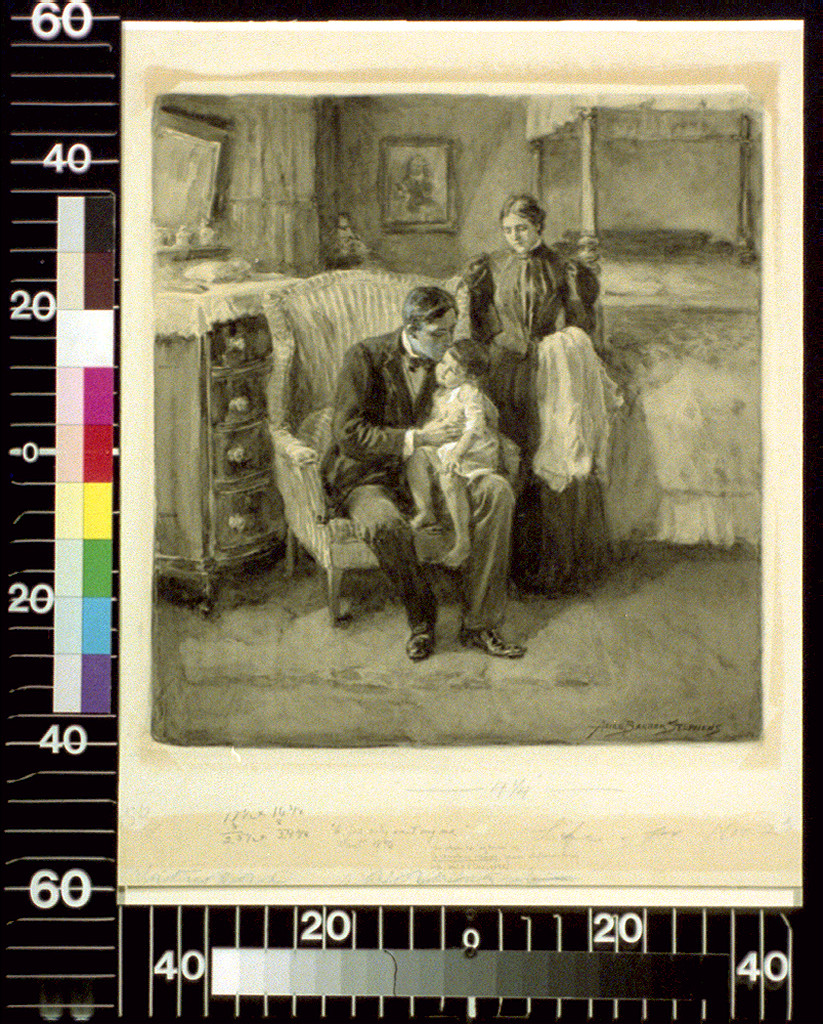 Father holding a toddler in a bedroom, mother standing nearby — historic image