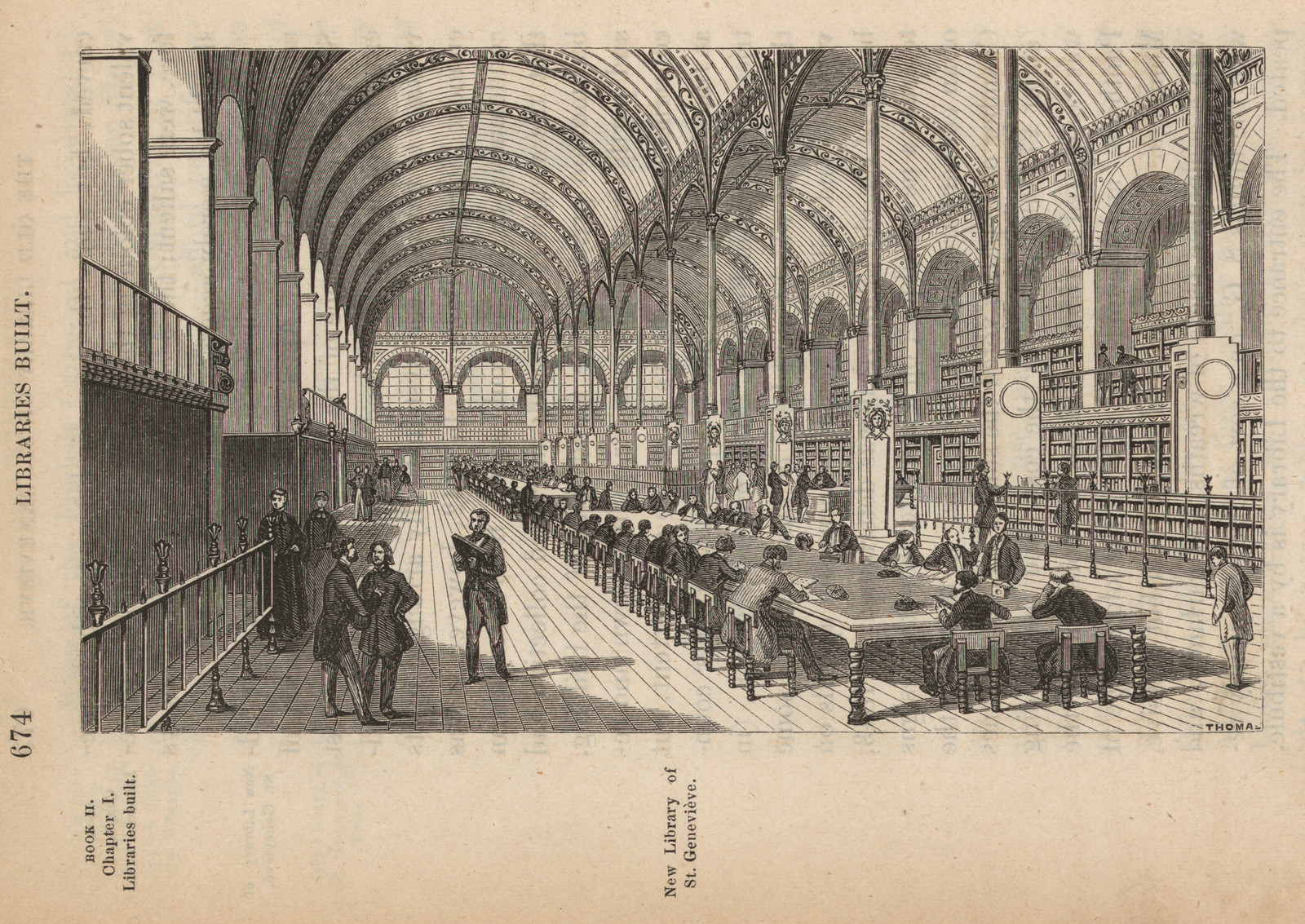 New Library of St. Geneviève, engraving from page 674 — antique engraving