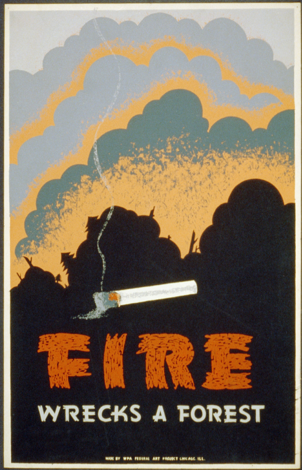 Fire wrecks a forest, 1936 — vintage poster