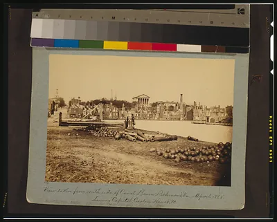 View taken from south side of canal basin, Richmond, Va., - April, 1865--showing Capitol, Custom House, etc.