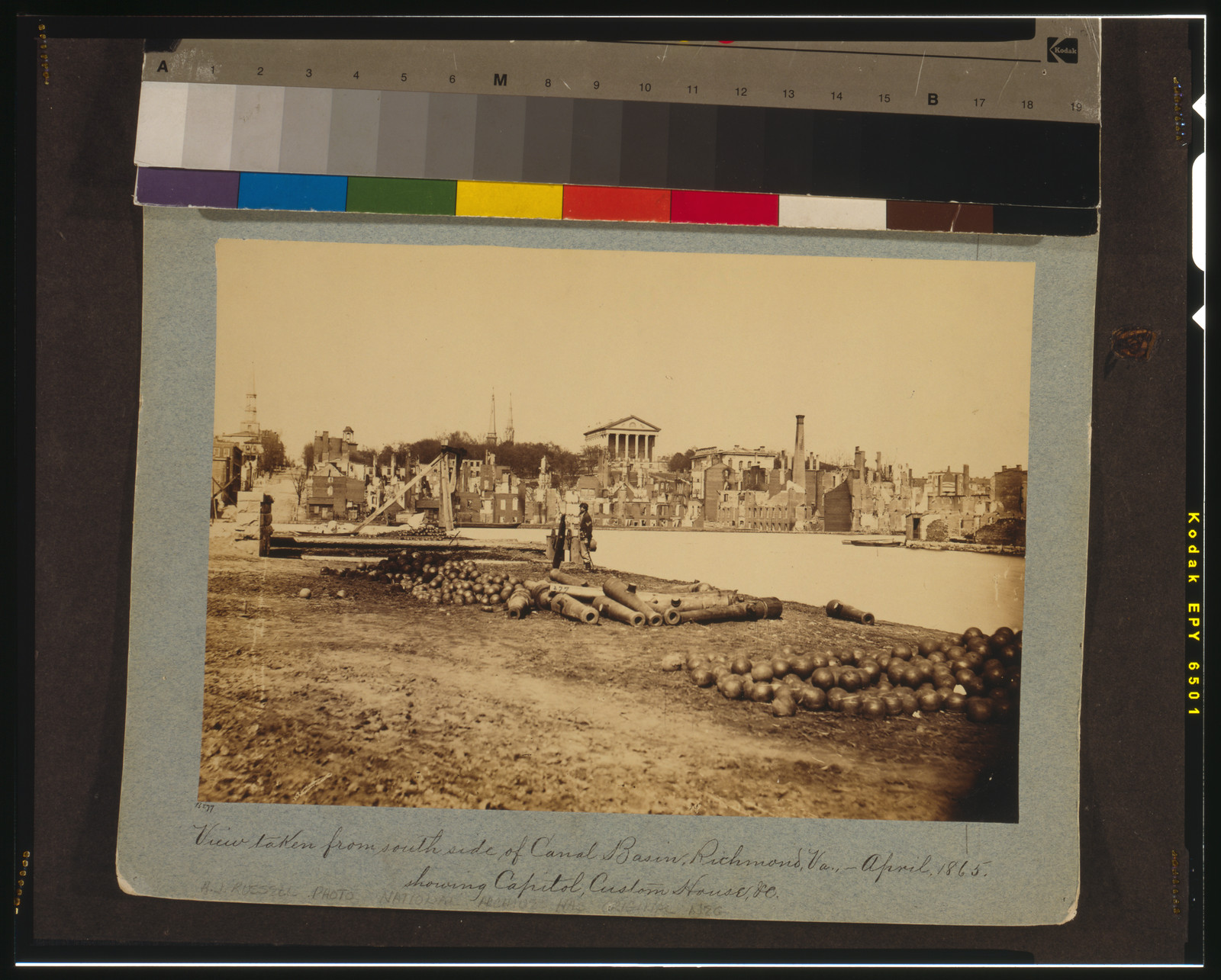 View taken from south side of canal basin, Richmond, Va., - April, 1865--showing Capitol, Custom House, etc., [photographed 1865, printed later] — historic photograph