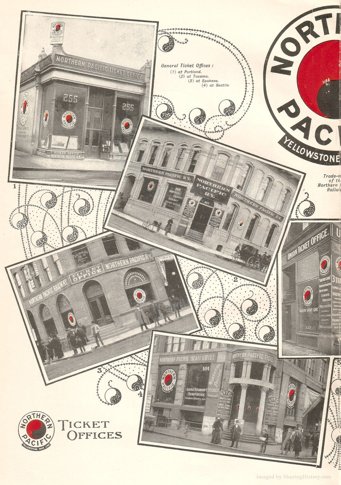 Northern Pacific Ticket Offices promotional page with photographs — historic photograph