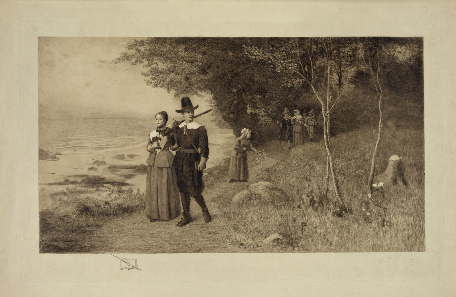 Pilgrim figures walking a shore path, one carrying a musket — historic image