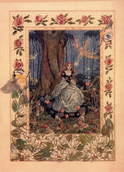 Red-haired woman in a gown among fairies, framed by roses and lilies