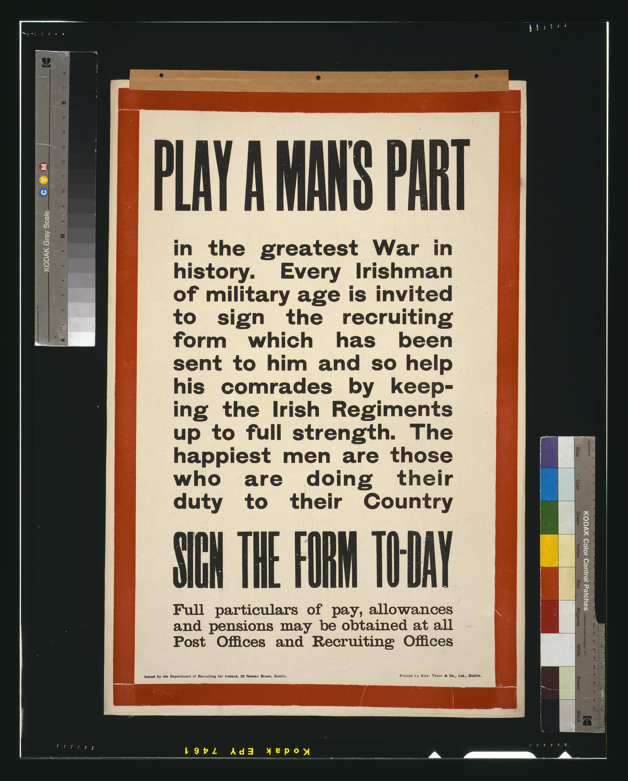 Play a man's part in the greatest war in history / printed by Alex. Thom & Co., Ltd., Dublin., Dublin : Department of Recruiting for Ireland, [1915] — vintage poster