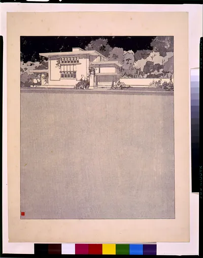 Prairie-style house rendering among trees, printed on cream paper