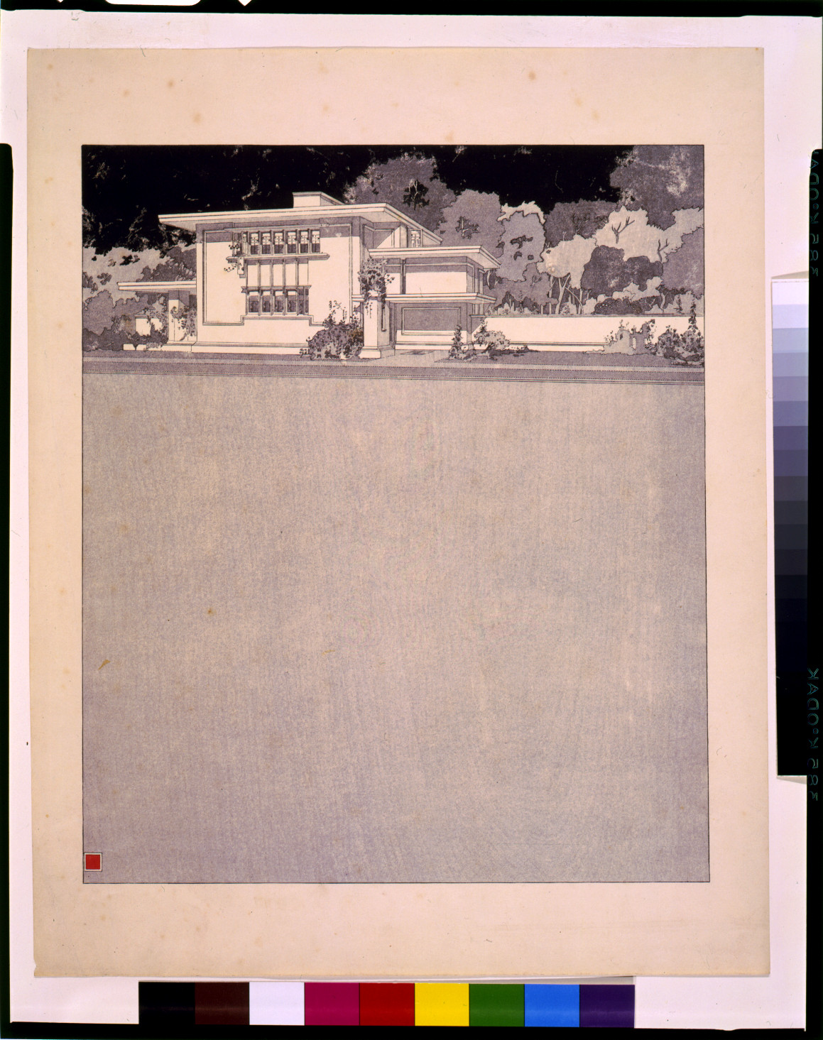 Prairie-style house rendering among trees, printed on cream paper — historic print