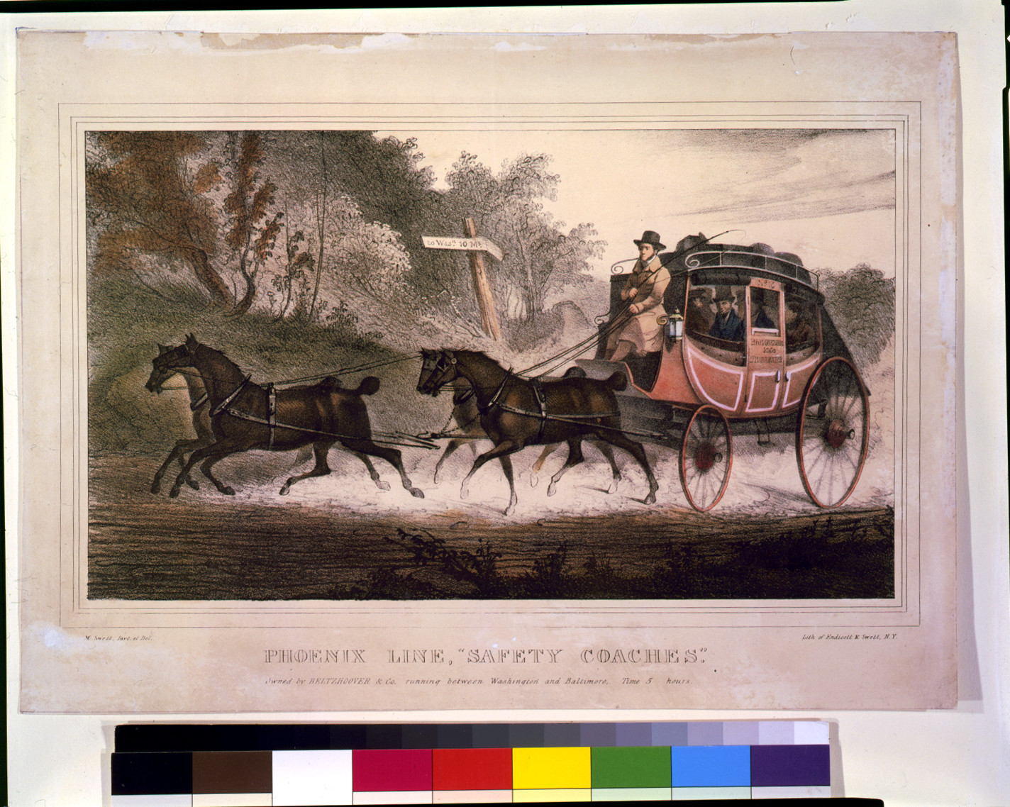 Phoenix Line Safety Coaches, horse-drawn stagecoach lithograph — antique lithograph
