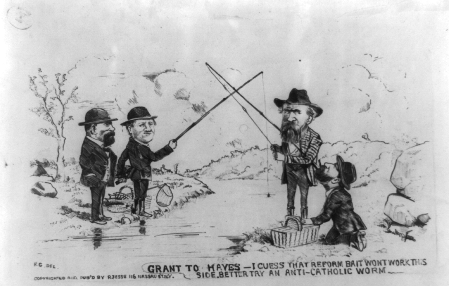 Grant to Hayes - I guess that reform bait wont work this side. Better try and anti-Catholic worm, N.Y. : Pub'd by P. Jesse, 1876. — antique lithograph