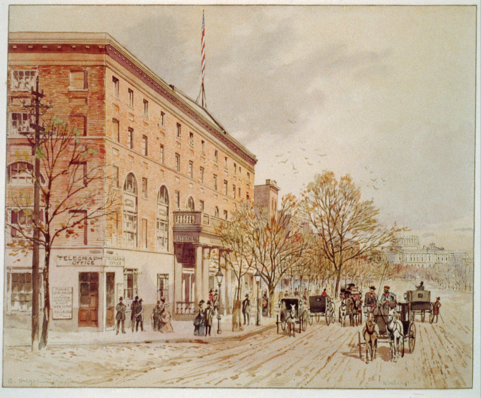 View of Washington Looking Down Pennsylvania Ave. Toward Unfinished Capitol, 1860 — historic drawing