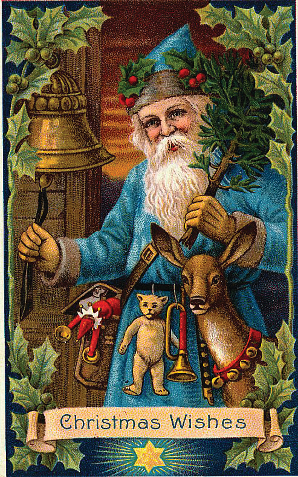 Christmas Wishes postcard: Santa Claus with bell and reindeer — vintage postcard
