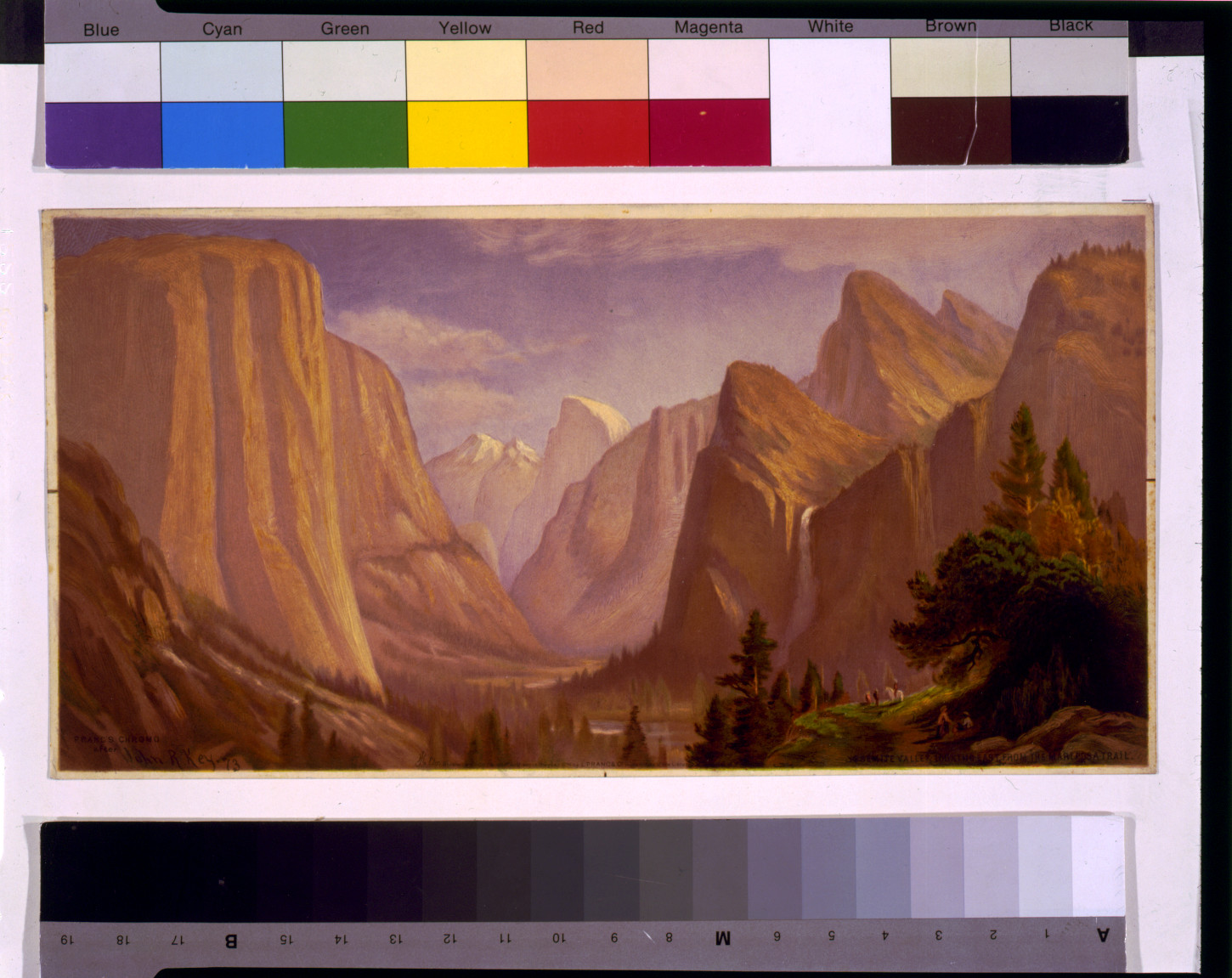 Yosemite Valley looking east from the Mariposa Trail / Prang's chromo. after John R. Key 73., c1873. — antique lithograph