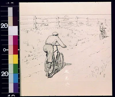 Pencil sketch of two cyclists on a dirt path by a fence