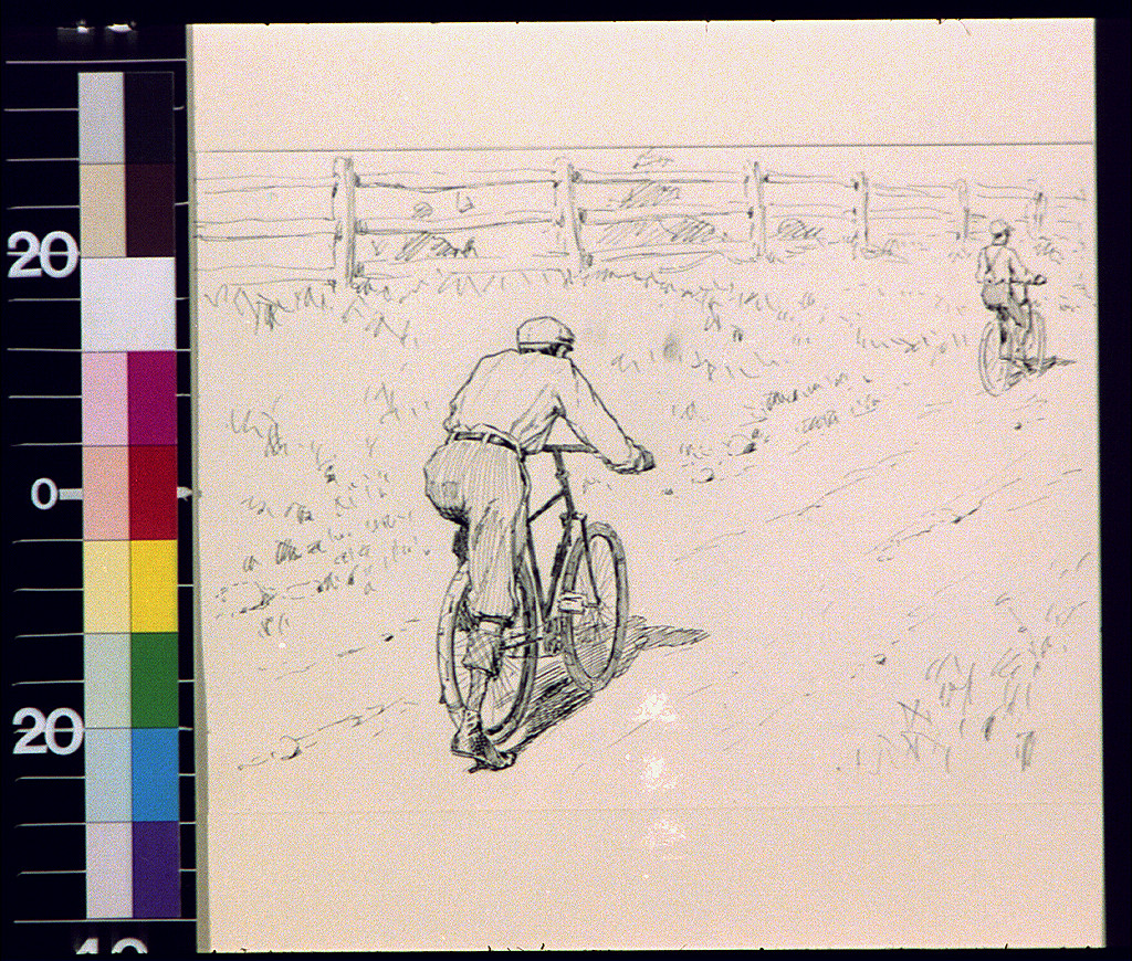 Pencil sketch of two cyclists on a dirt path by a fence — historic image