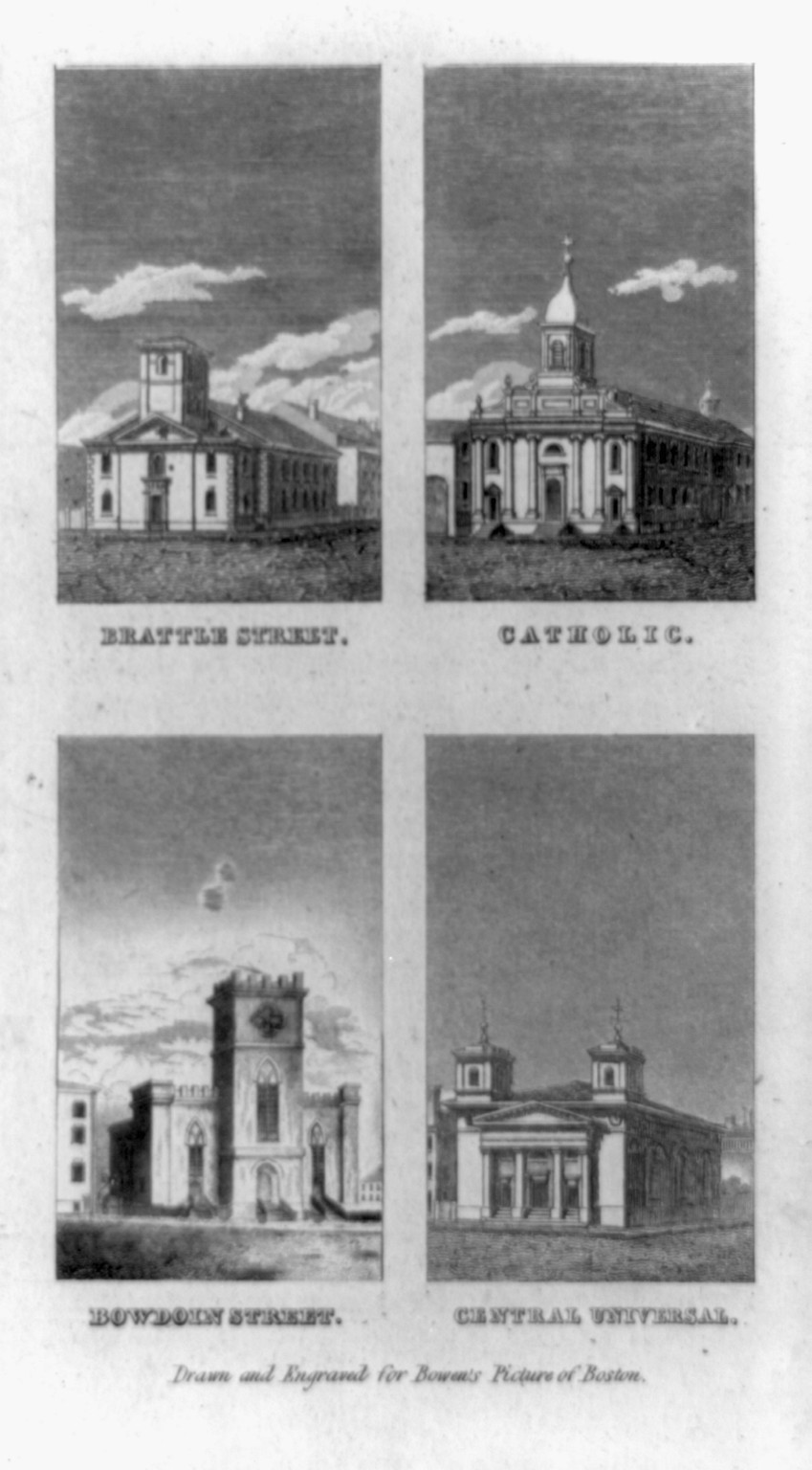 [Churches in Boston, Mass. or vicinity: Brattle Street, Catholic, Bowdoin Street, and Central Universal], [ca. 1830] — antique engraving
