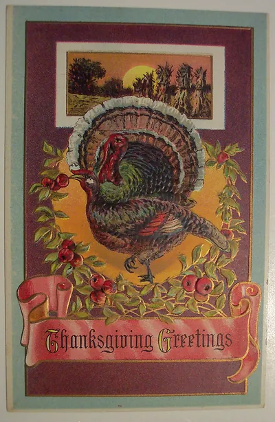Thanksgiving Greetings postcard with turkey and corn shocks