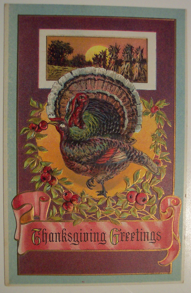 Thanksgiving Greetings postcard with turkey and corn shocks — vintage postcard