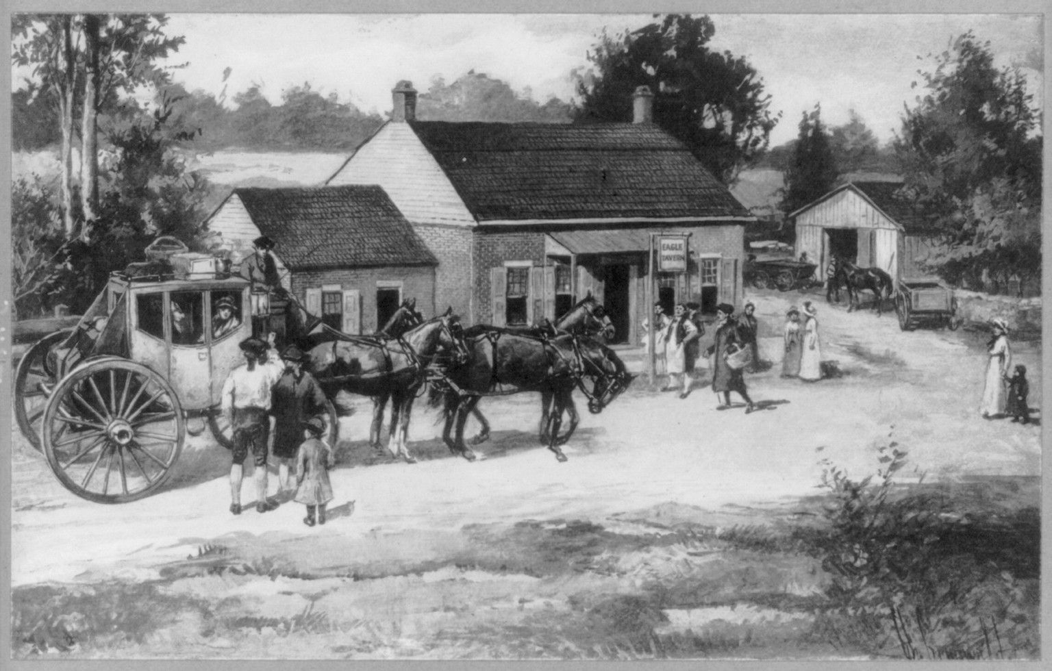 People, horses and stagecoach in front of the Eagle Tavern — historic image