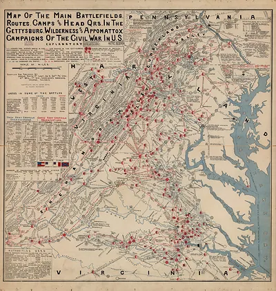 Map of the Main Battlefields, Routes, Camps and Headquarters in the Gettysburg, Wilderness and Appomattox Campaigns of the Civil War in U.S.
