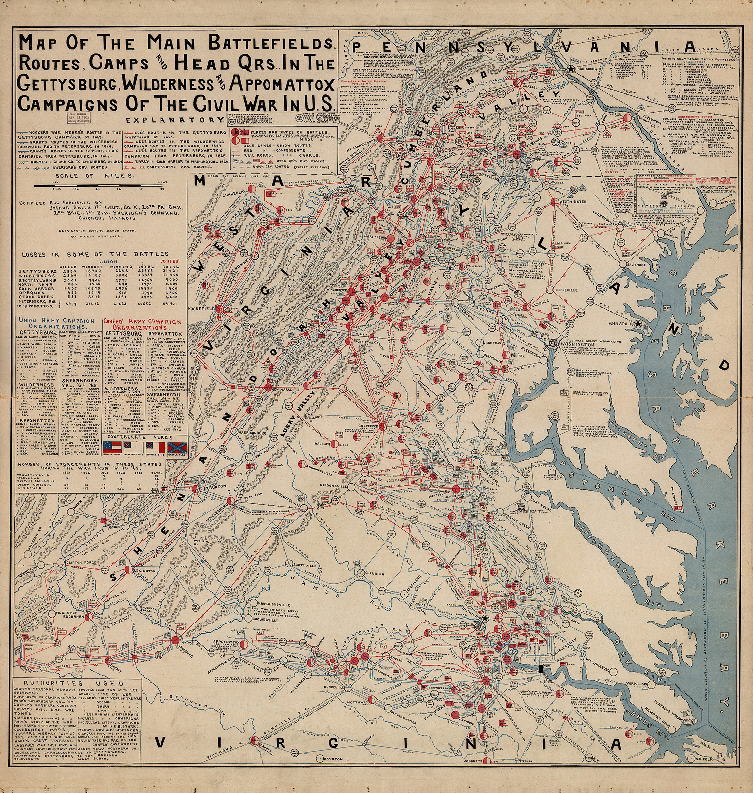Map of the Main Battlefields, Routes, Camps and Headquarters in the Gettysburg, Wilderness and Appomattox Campaigns of the Civil War in U.S. — antique map