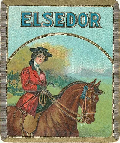Elsedor cigar label with woman riding brown horse