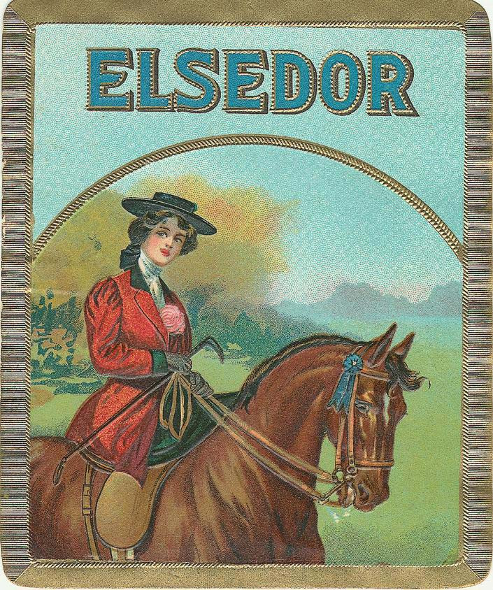 Elsedor cigar label with woman riding brown horse — historic image