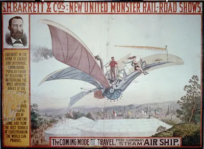 S.H. Barret & Cos.: New United Monster Railroad Shows. The coming mode of travel Prof. Harriman's Steam Air-Ship""