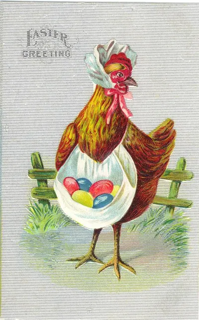 Easter Greeting: hen in bonnet and apron with eggs