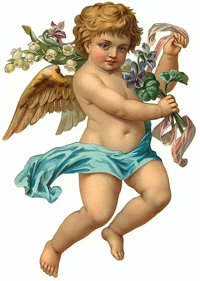 Cherub with blue drape, flowers and ribbons