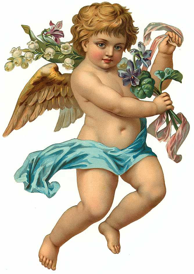 Cherub with blue drape, flowers and ribbons — historic image