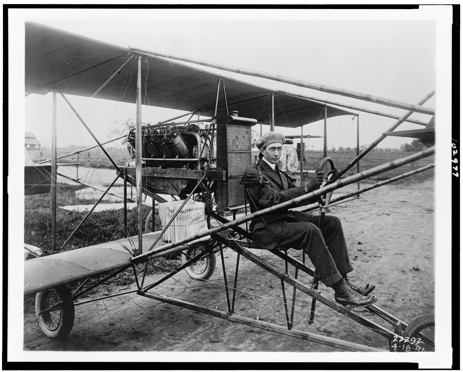 [Glenn Martin delivering newspapers in his airplane, Los Angeles], [ca. 1911, printed 1941] — historic photograph