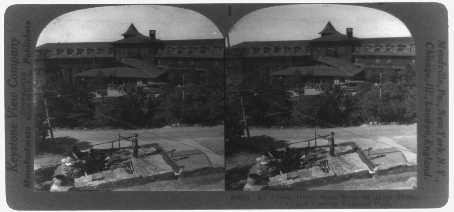 Grand Canyon National Park: El Tovar Hotel from roof of Hopi House, c1926 Dec. 18. — historic photograph