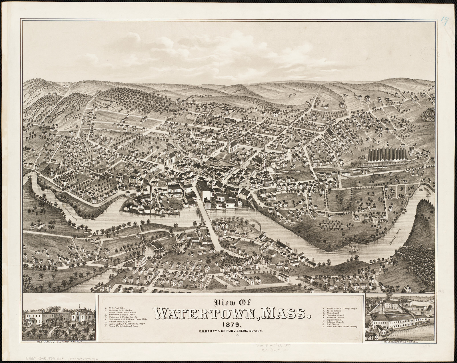 View of Watertown, Mass. 1879 bird's-eye map — antique map