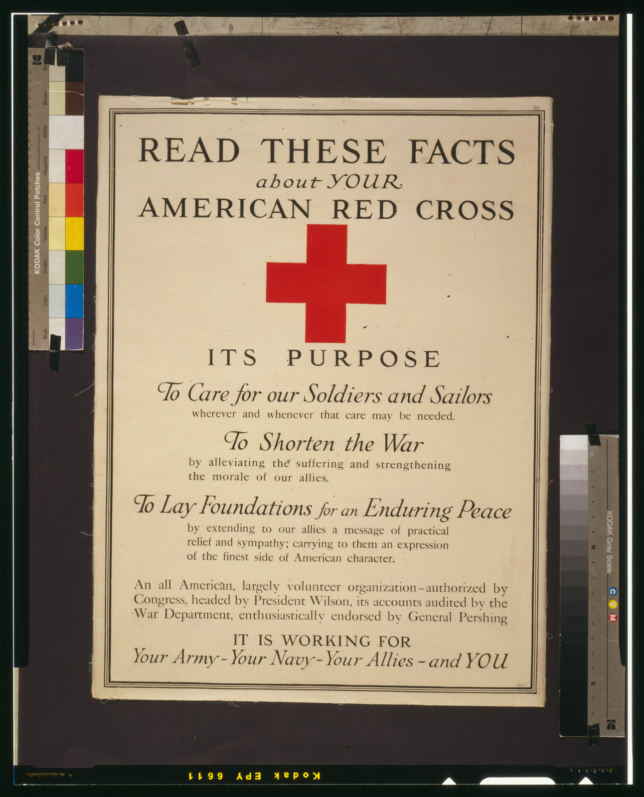 Read these facts about your American Red Cross Its purpose, to care for our soldiers and sailors [...], to shorten the war [...], to lay foundations for an enduring peace [...]., [1917] — vintage poster