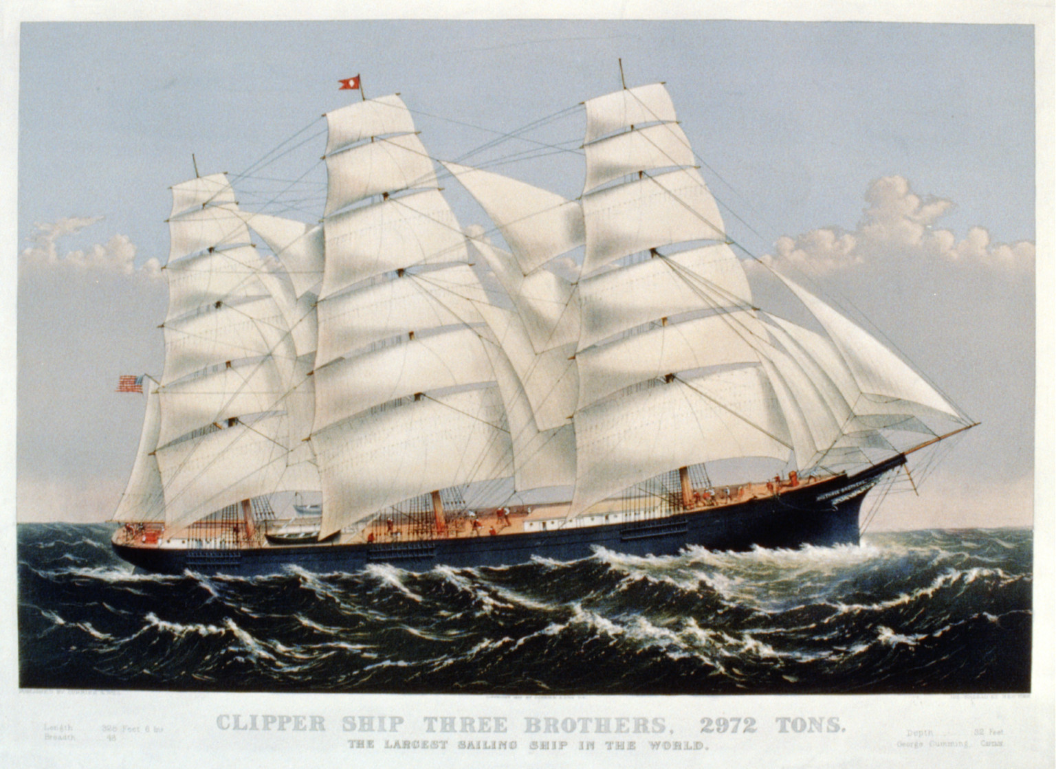 Clipper ship Three Brothers, 2972 tons: The largest sailing ship in the world, [New York] : Currier & Ives, 1875. — antique lithograph