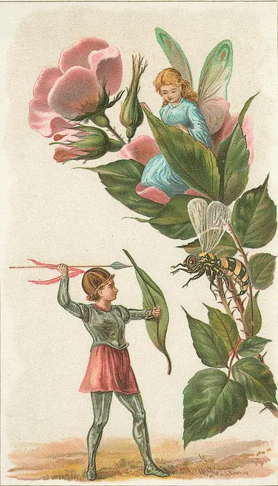 Fairy on a rose with a knight and a wasp