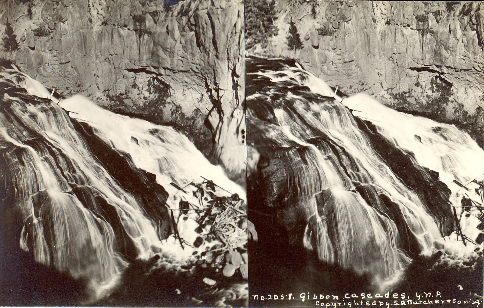 Gibbon Cascades, Yellowstone National Park, stereo card — stereograph