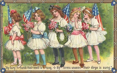Victorian postcard of girls with flags and flowers, verse below